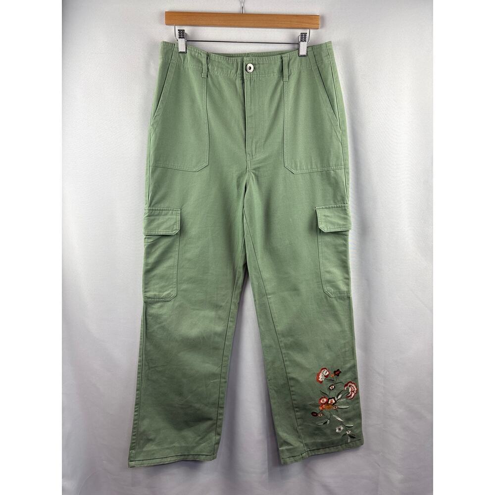 Women’s Mi Ami Francesca’s Large Leaf Green Cargo Pants w/ Floral Embroidery